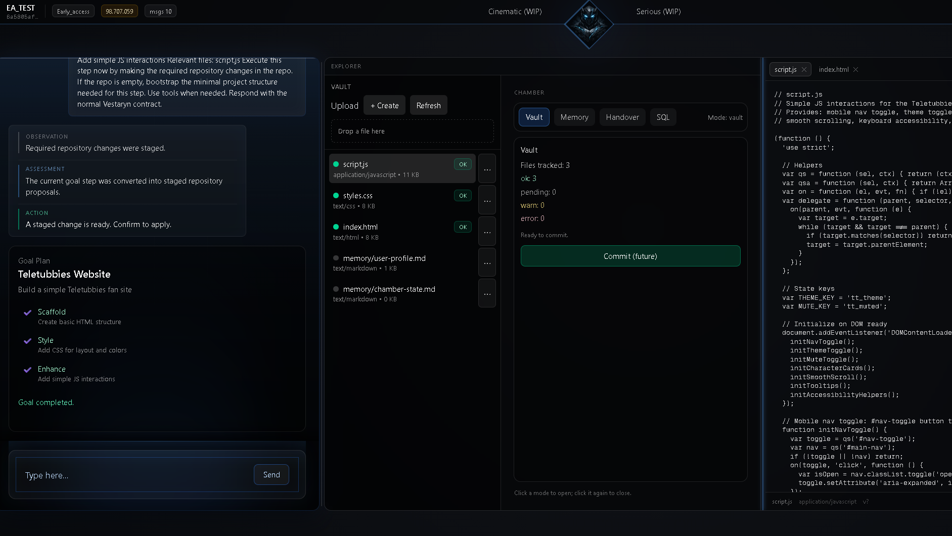 Vestaryn commit ready screen