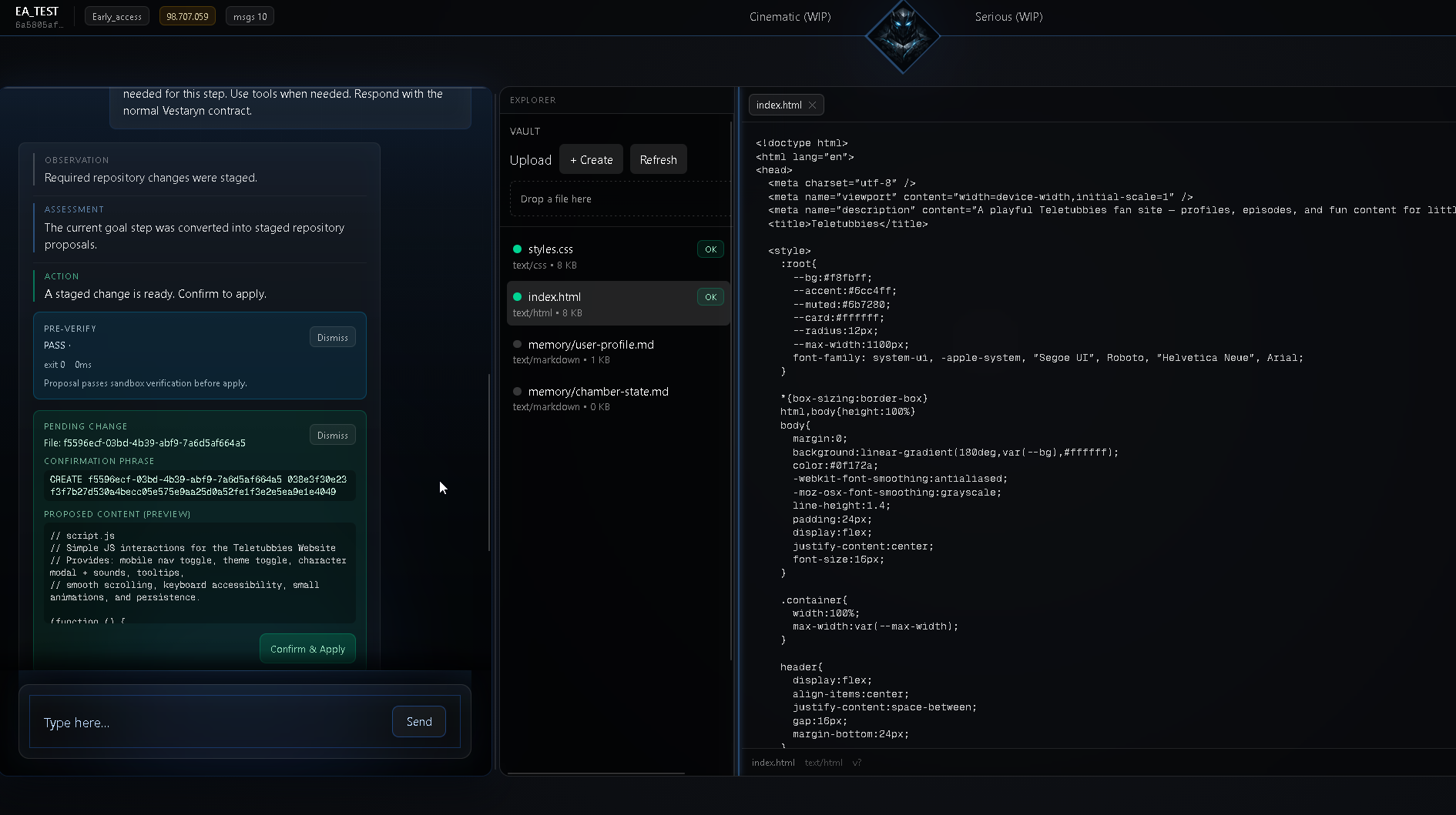Vestaryn pre-verify pass screen